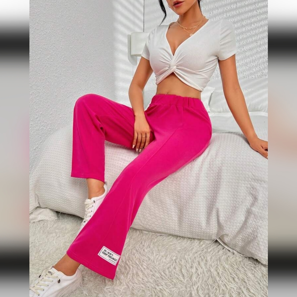 SHEIN Petite Hot Pink Letter Patch Detail Elastic Waist Pants Lounge New Women